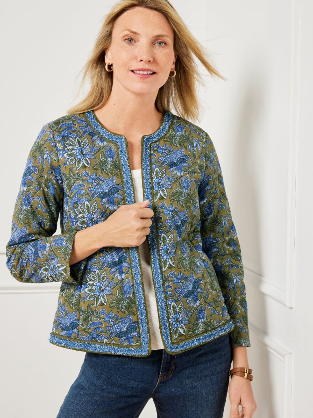 Talbots Quilted Jacket Floral Paisley Cotton 2023 Tweed Trim in Olive/Blue XL
